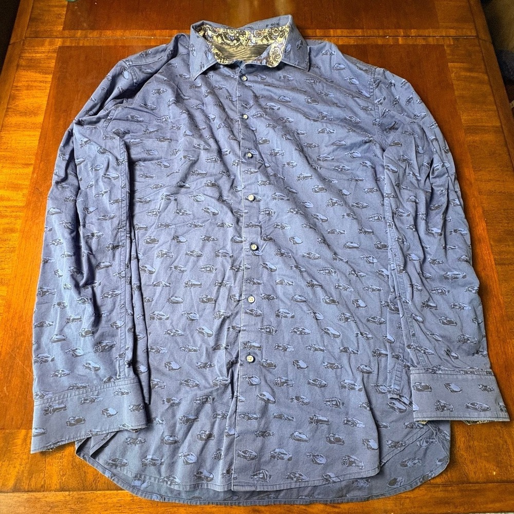Robert Graham Classic Car Print Button Up Shirt 2XLT Blue Long Sleeve